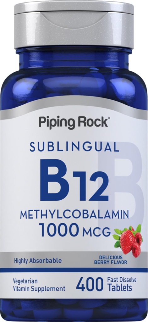 Piping Rock Vitamin B12 Sublingual Tablets | 1000 mcg | 400 piller | Methylcobalamin Supplement för kvinnor och män | Berry Flavor | Vegetarian, icke-GMO, Gluten Free