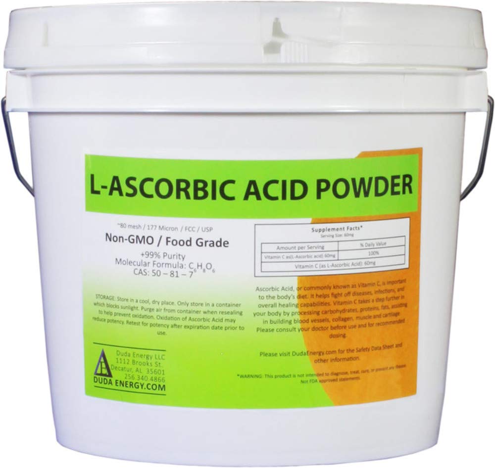 Duda Energy asc8p Säili L-Askorbiinihappojauhe 99+% Ruokaluokka USP36/BP2012 Luonnollisesti fermentoitu puhdas valkoinen kiteitä muodossa C-vitamiini, 8 lb.