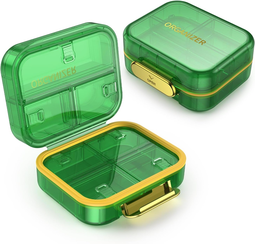 7 Compartment Travel Pill Box, Pill Organizer Moisture Proof Mini Pill Case, Small Pill Box för Pocket Purse, Daily Portable Medicine Vitamin Box, Fish Oil Box, Supplement Box (Grönt)