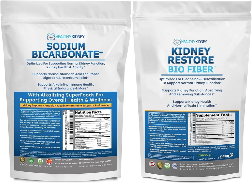 Organic Sodium Bicarbonate Alkaline Supplement 1.5LB & Bio Fiber Kidney Cleanse Detox 2,5 LBS Bundle - Stöder njurhälsa, magsyra Neutralizer, Alkaline Superfoods, Immune Support, Detox