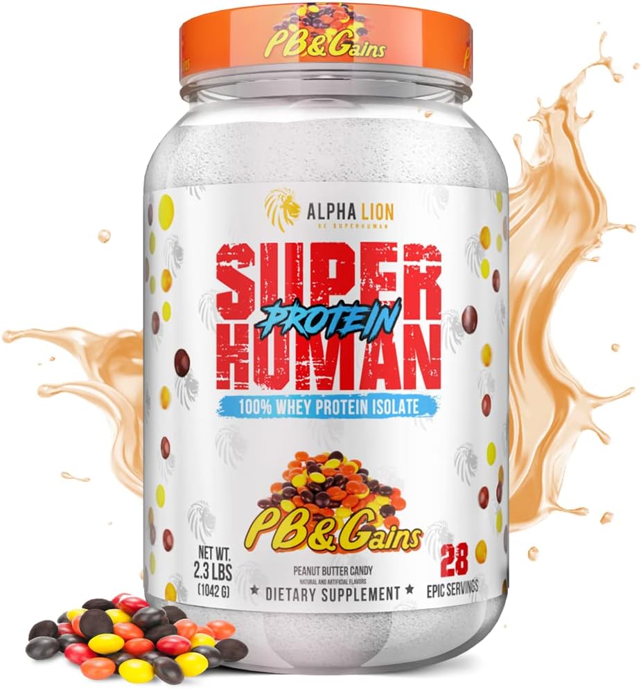 AAKKOSELLINEN LION Superhuman Whey Protein Powder, Great Maising Pure Whey Protein Isolate, Low Carb, Low Sugar, No Bloat Post Treenout, Lihasten Recovery & Growth (28 Servings, PB & Gains)