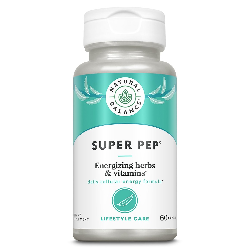 Natural Balance Super Pep | All Day Herbal Energy Supplement | med Eleuthero, Kola Nut, Gotu Kola, B-Vitaminer & Krom | 60 kapslar, 30 portioner
