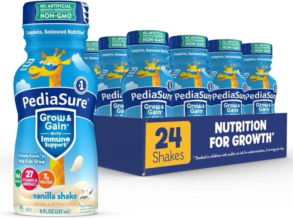 PediaSure Grow & Gain with Immunosupport, 27 vitamiineja ja kivennäisaineita lapsille, 7g proteiinia, ei-GMO, gluteeniton, vanilja, 8-fl-oz pullo, pakkaus 24