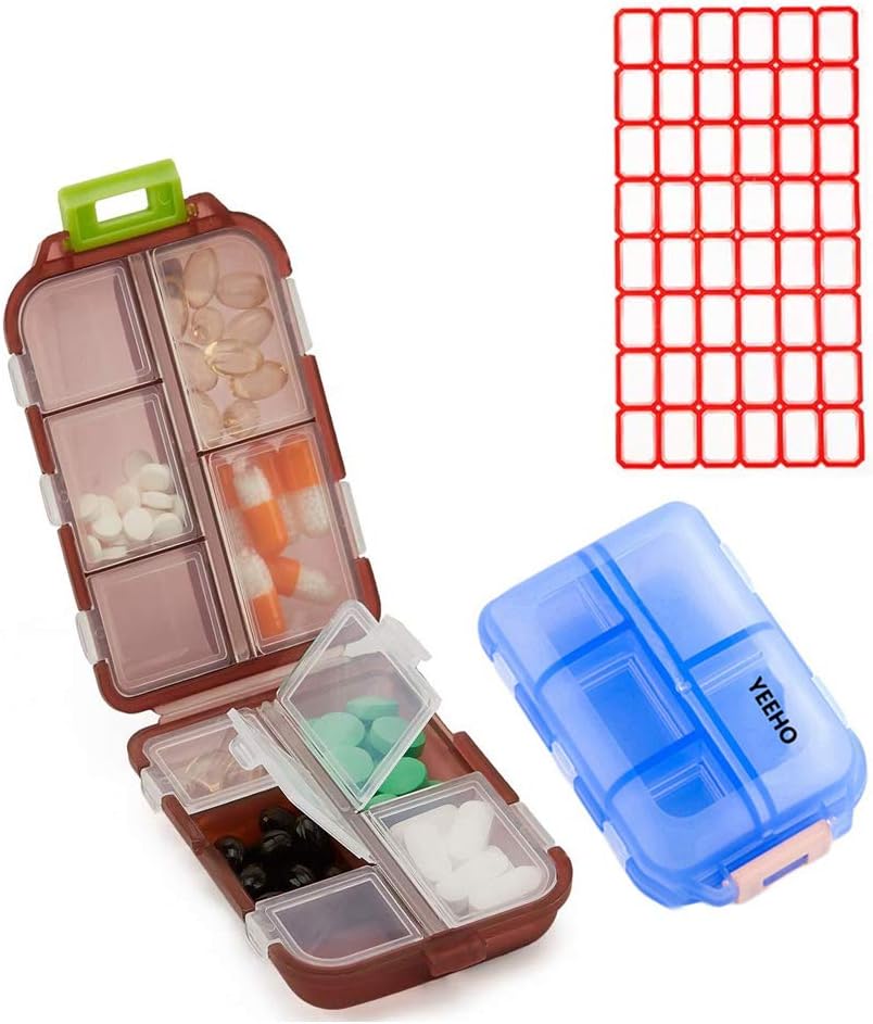 Pill Case (2 Pack) - Portable Small Supplements Tablet Container Box med 10 Compartments - Medicine Vitamin Organizer Dispenser Holder Storage för Travel Trip Pocket Purse (Blue + choklad)