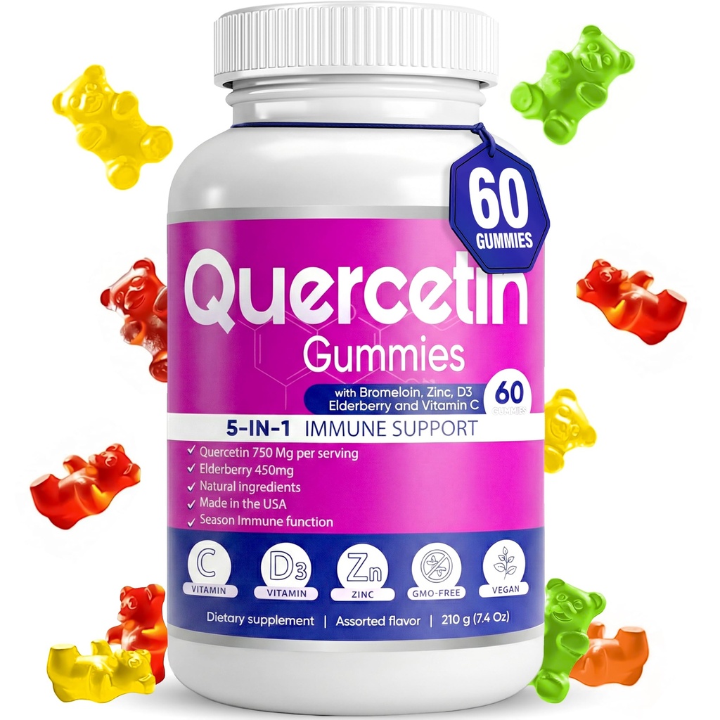 Quercetin Gummies by BioVitalica - Quercetin with bromelain C-vitamiini ja sinkki & Elderberry + D3-5-vitamiini in 1 Immuunituki - Sinkki Quercetin 750 mg lapsille ja aikuisille (1)