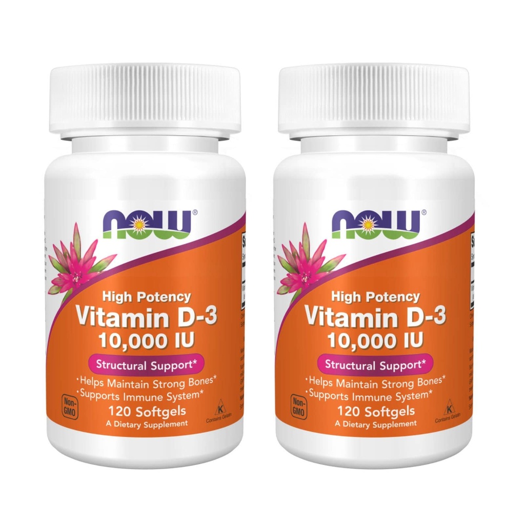 NOW Foods High Potency Vitamin D-3, 10 000 IE, 120 Softgels, 2 Pack