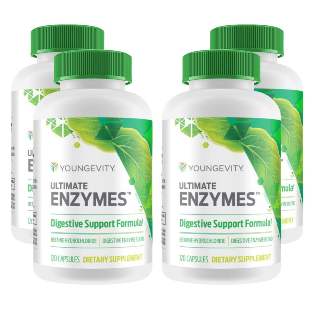 Youngevity Ultimate Enzymes® - Multi Enzymes for Digestion, Gas & Bloating Relief - Betaine HCl, Ox Bile, haima 10X, Papain 6M, Pepsin 1:3000 (120 kapselia - 4 pakkaus)