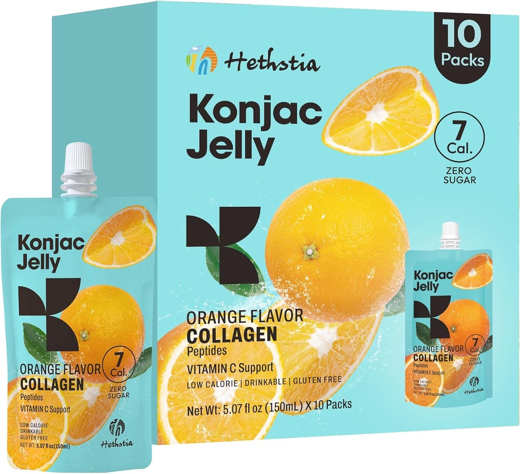 Hetstia Orange Konjac Jelly Collagen Peptides, 10 Puches Fruit Jelly Välipalat, Low-Calorie Drinkable Jelly kanssa C-vitamiinia, sokeriton, Keto, Gluteeniton, On-The-Go Light Välipalat
