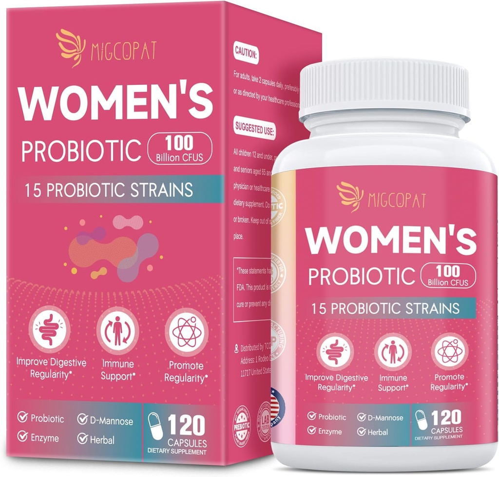 Probiotika för kvinnor, 100 miljarder CFU Womens Probiotic med prebiotika, Digestive Enzymes, D-Mannose & Cranberry Extract för Immune Support, Vaginal & Urinary Health, Digestive Balance - 120 kapslar