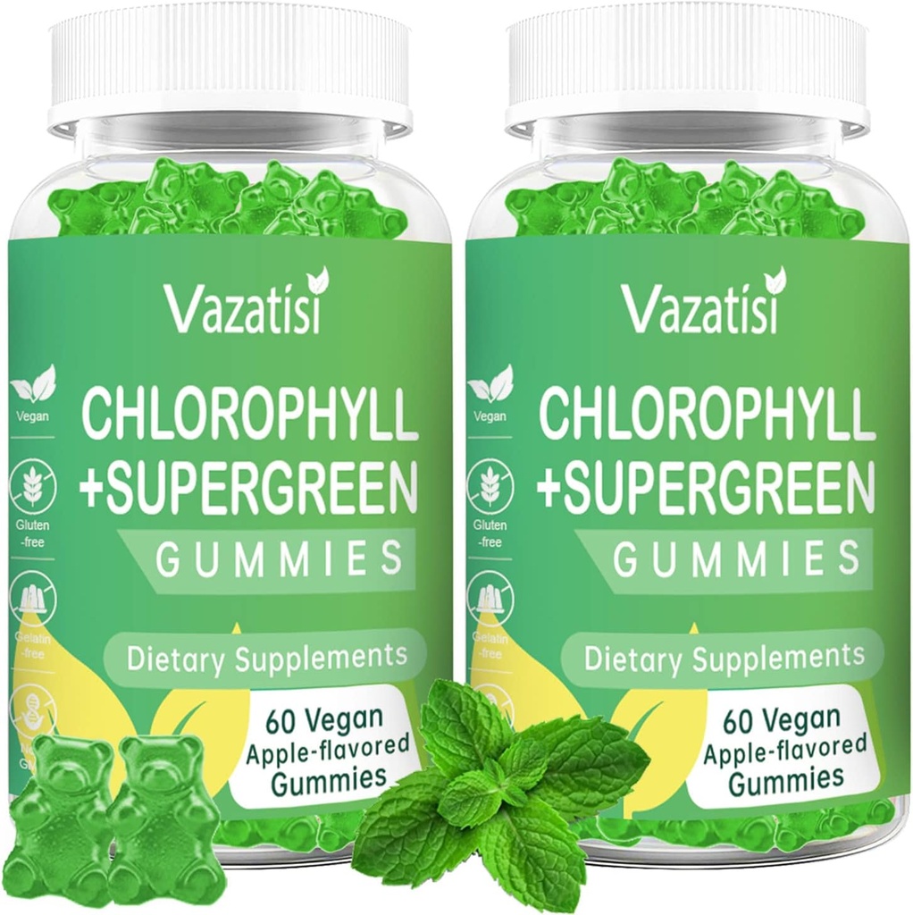 2 Pack klorofylli Gummies kanssa Organic Supergreens, Natural Antioxidantti, Energia Boost, Immuuneja tukea, Digestio, Ihonhoito, Naiset ja miehet, aikuiset & lapset - 120 Vegan Organic Gummies