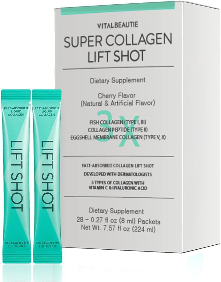 VITALBEAUTIE Liquid Collgen naisille, SuperCollagen Lift Shot - Premium Multi Collagens Peptides tyyppi I, II, III, V, X 1500 mg hyaluronic, C-vitamiini, kolmannen osapuolen Certified, High Absorption