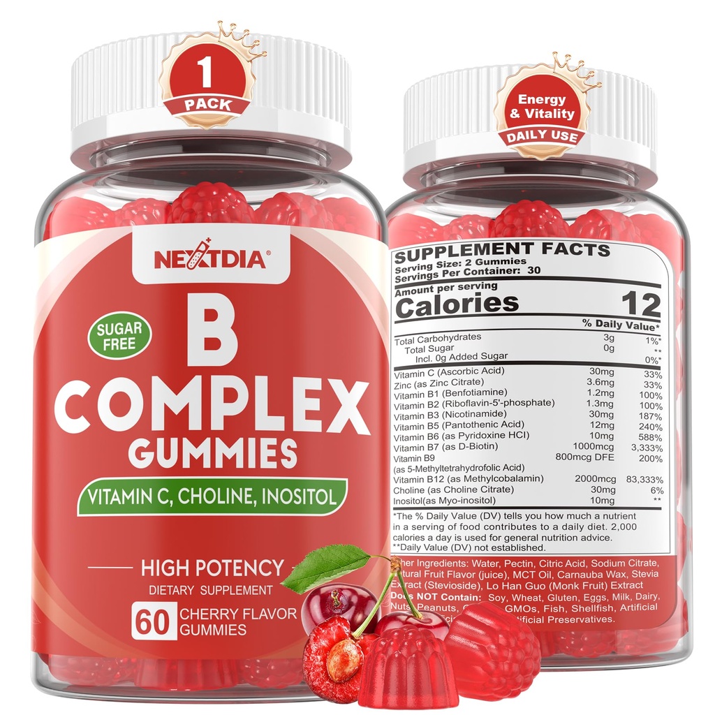 B-vitamiini Complex Gummies, Vegaani B-vitamiinia Gummies 2000 mikrog Metyyli B12, Metyyli Folaatti ... Plus koliini + inositoli, C-vitamiini + Sinkki tukee energiaa, mielialaa, immuuni, terveet hiukset, iho - 60 Cts