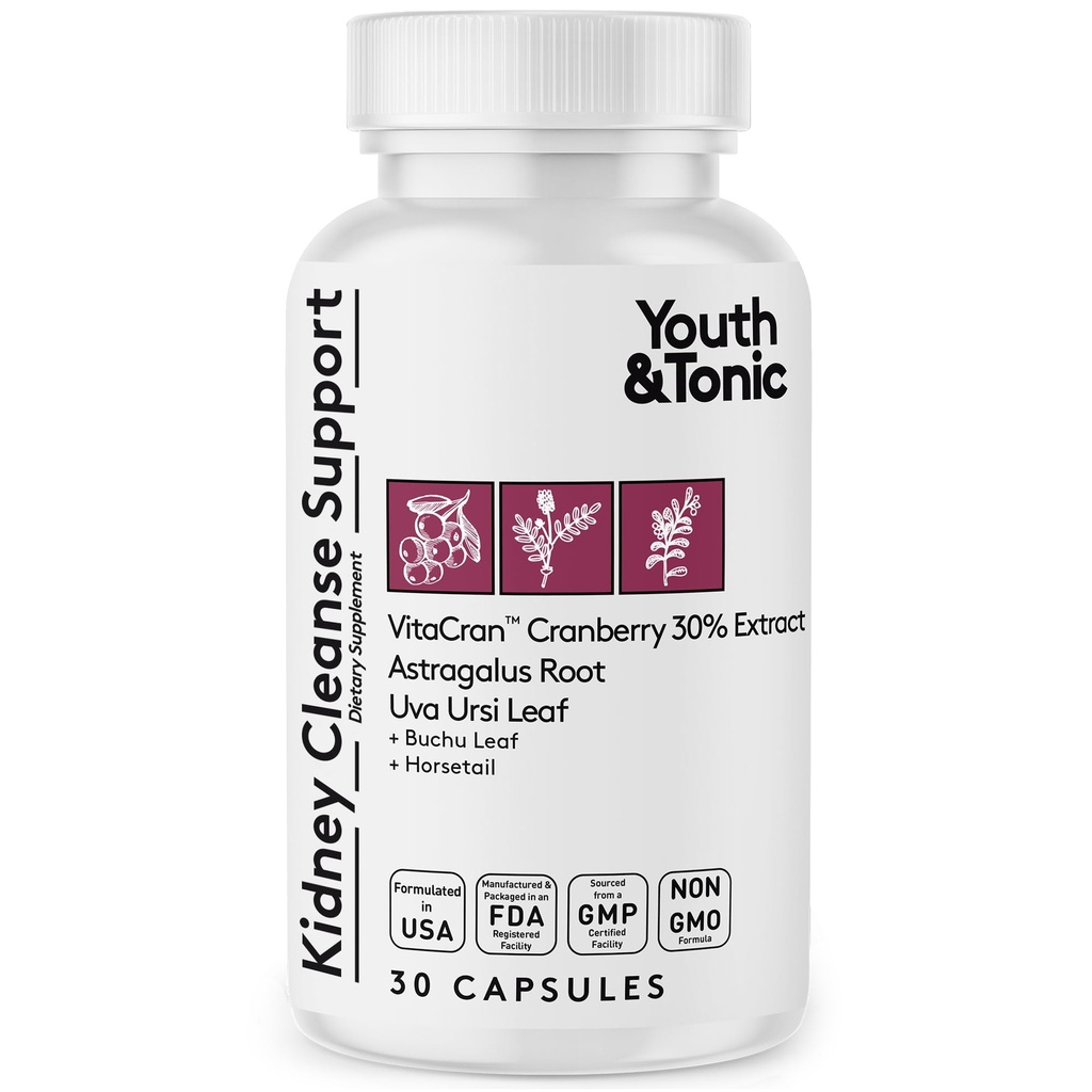 Ungdom & Tonic Kidney Cleanse & Detox Supplement med Cranberry Extract - Stöder urinvägshälsa, blåsa och njurhälsa - Vegan, icke-GMO - 30 vegetariska piller