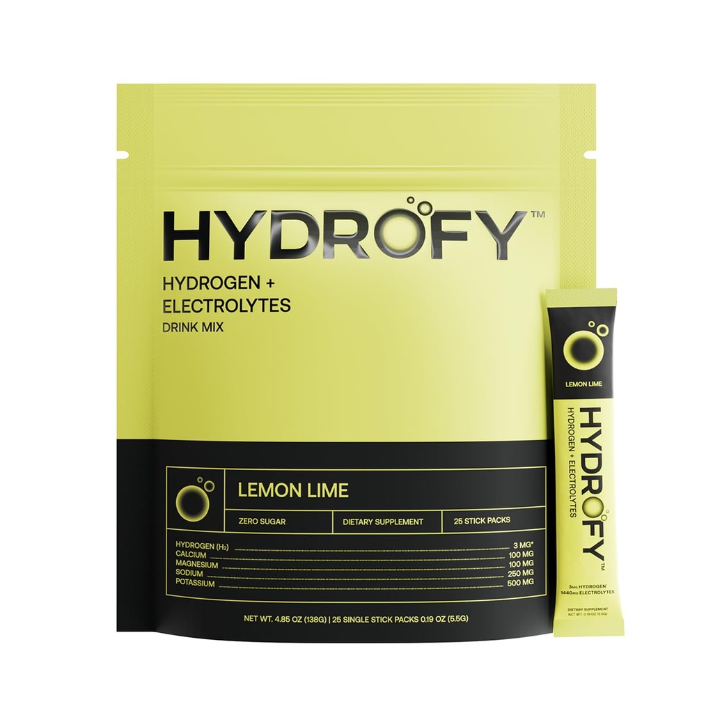 Hydrofy Hydrogen Water + Electrolytes Drink Mix | H2 Hydration Packets med molekylärt väte, natrium, kalium, magnesium, kalcium och mineraler | No Sugar | Lemon Lime | 25 ct