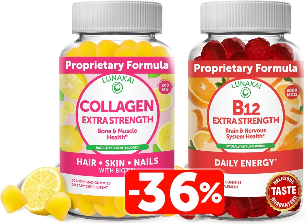 Lunakai Collagen & Biotin Gummies Bundle - Vitamiinit hiukset, iho ja nuoriso ulkonäkö - ei-GMO anti ikääntymistä proteiini täydentää miesten & naisten - 30 päivän tarjonta