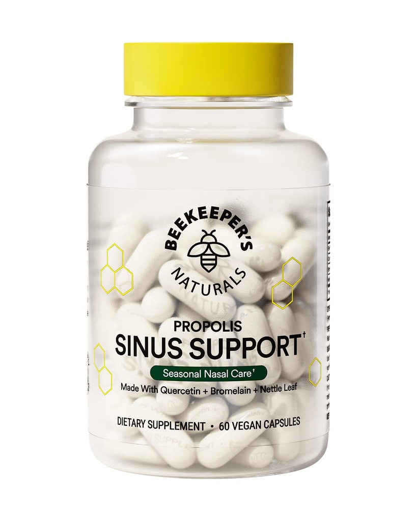 Beekeeper's Naturals All Natural Sinus Support för vuxna, säsongsmässig Nasal Care Relief med Propolis, Quercetin, Bromelain, Nettle Leaf, & Vegan Capsule, Blocks eller Suppresses Histamine, 60 ct