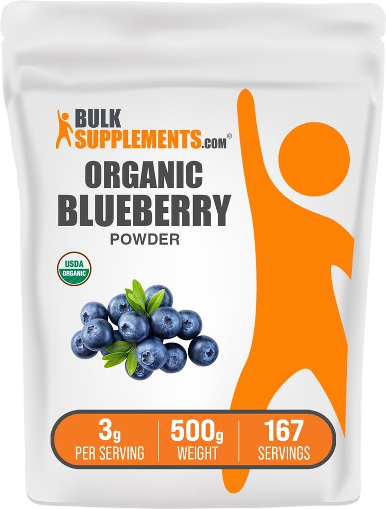 BulkSupplements.com Organic Blueberry Powder - Antioksidantti Support, Bluberry Supplement - Vegan & Gluteeniton, 3g per tarjoilu, 500g (1,1 lbs) (Pakkaus 1)