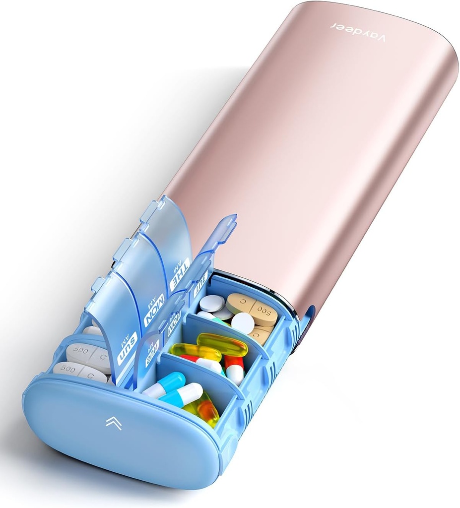 Vaydeer 7 Day Weekly Pill Organizer 2 gånger om dagen, Metal Am Pm Travel Pill Case, Large Capacity Twice Daily Cute Pill Box för kosttillskott, piller, vitaminer och medicinering (Rose Gold)