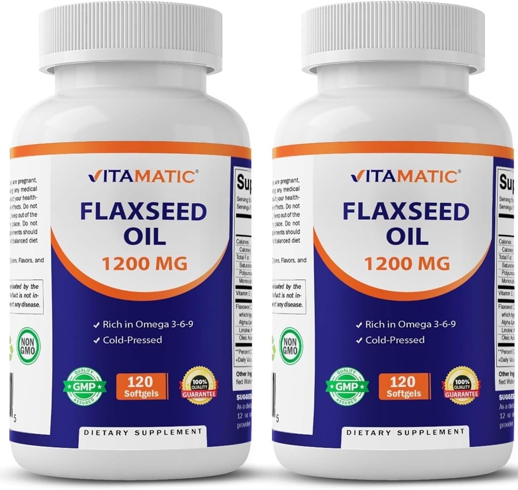 Vitamatic 2 Pack Pellavaöljy 1200mg 120 kylmäpuristetusta pellavasiemenestä - 675 mg ALA Omega 3 rasvahapot sydänterveyden parantamiseksi