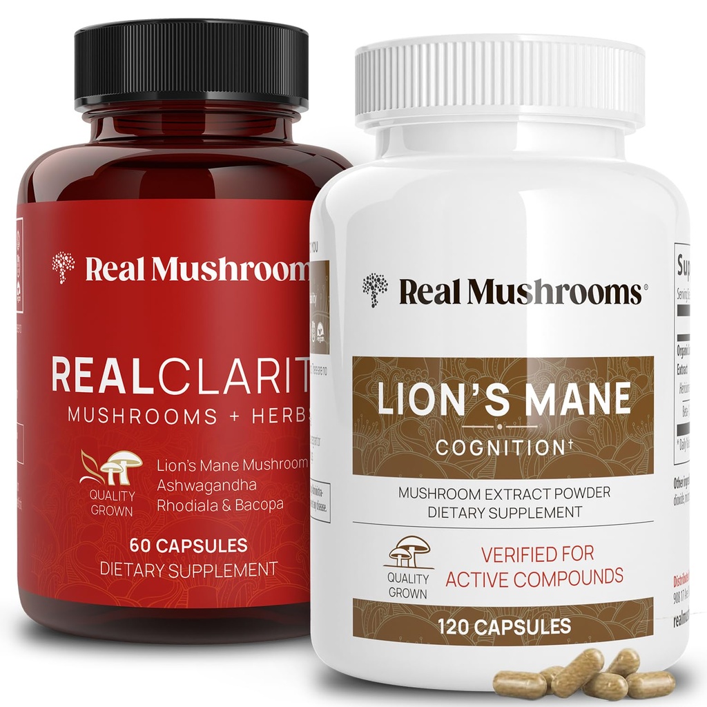 Real Sienet RealClarity (60ct) ja Lions Mane (120ct) Kapselit Bundle - Sieni täydentää aivojen terveyttä, mielen selvyyttä, keskittyä, kognitiota ja immuuni tuki - aivojen vitamiinit w/Ashwagandha