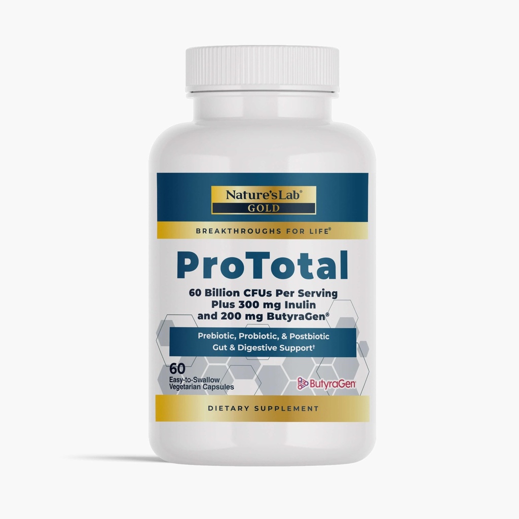Nature's Lab Gold ProTotal - 60 miljardia PMY Probiootti, Prebiootti, Postbiootti, Synbiootti - kanssa Butyragen (suora Butyrate Generator) 60 Ct