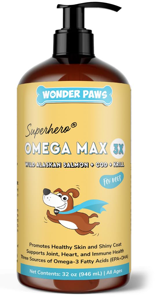 Wonder Paws Fish Oil för hundar - Omega 3 för hundar från Alaskan Salmon, Cod & Krill Oil - EPA DHA Fatty Acids - Mindre Shedding & Itching - Skin, Joint, Immune & Heart Health - Liquid Supplement (32 oz)