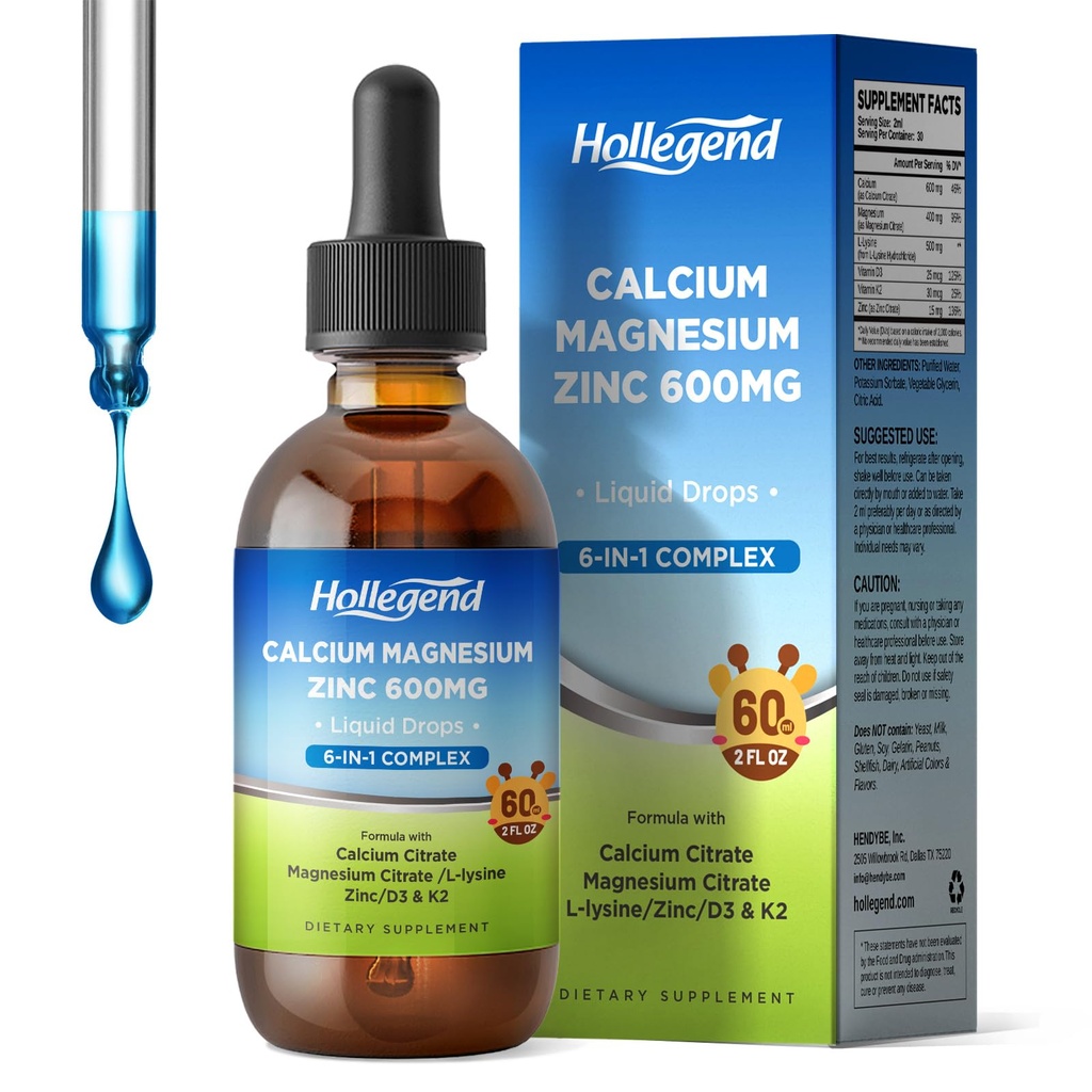 Nestemäiset kalsiumsitraatin dropit L-lysiinillä 500 mg, magnesiumilla ja sinkillä, kalsiumsitraatilla 600 mg ja D3-vitamiinilla ja K2-vitamiinilla lapsille ja aikuisille, 2 Fl Oz