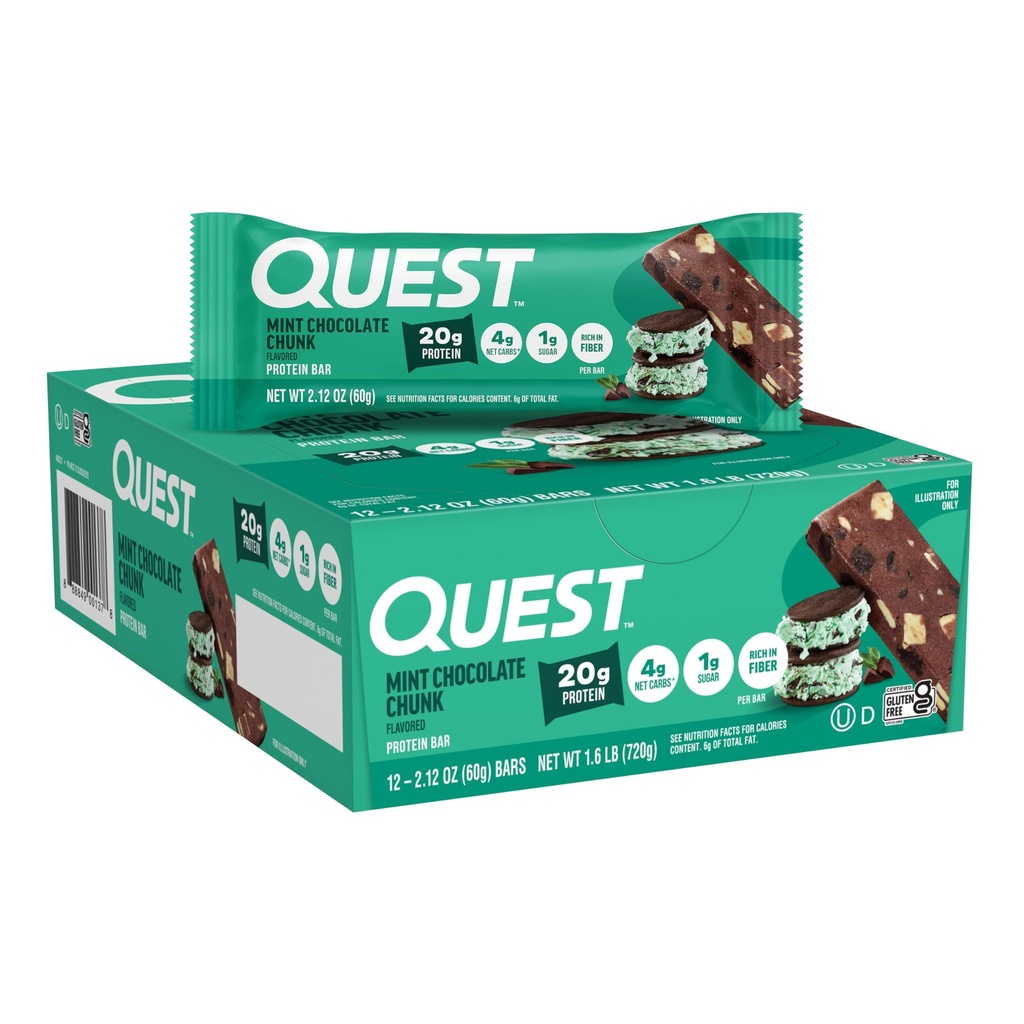 Quest Nutrition Mint Chocolate Chunk Protein Bars, 20g Proteiinia, 1g sokeria, 4g Net Carb, Gluteeniton, Keto Friendly, 12