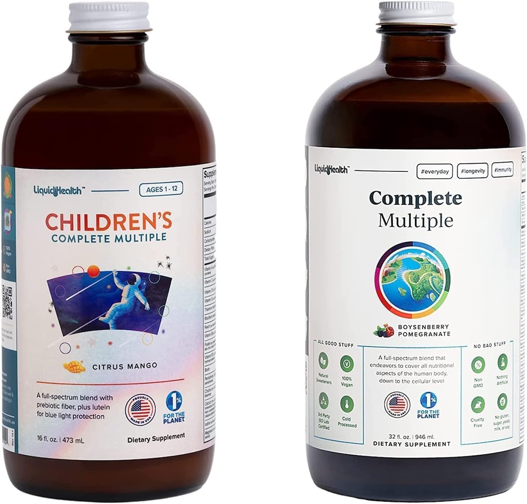 LIQUIDHEALTH Aikuinen Complete Multiple Daily Liquid Multivitamiini Bundle perhe - Tuki Kokonaisterveys, Tehostaa immuunijärjestelmä - Valmistettu Yhdysvalloissa, Koko elintarvikkeet, Vegan, Ei-GMO