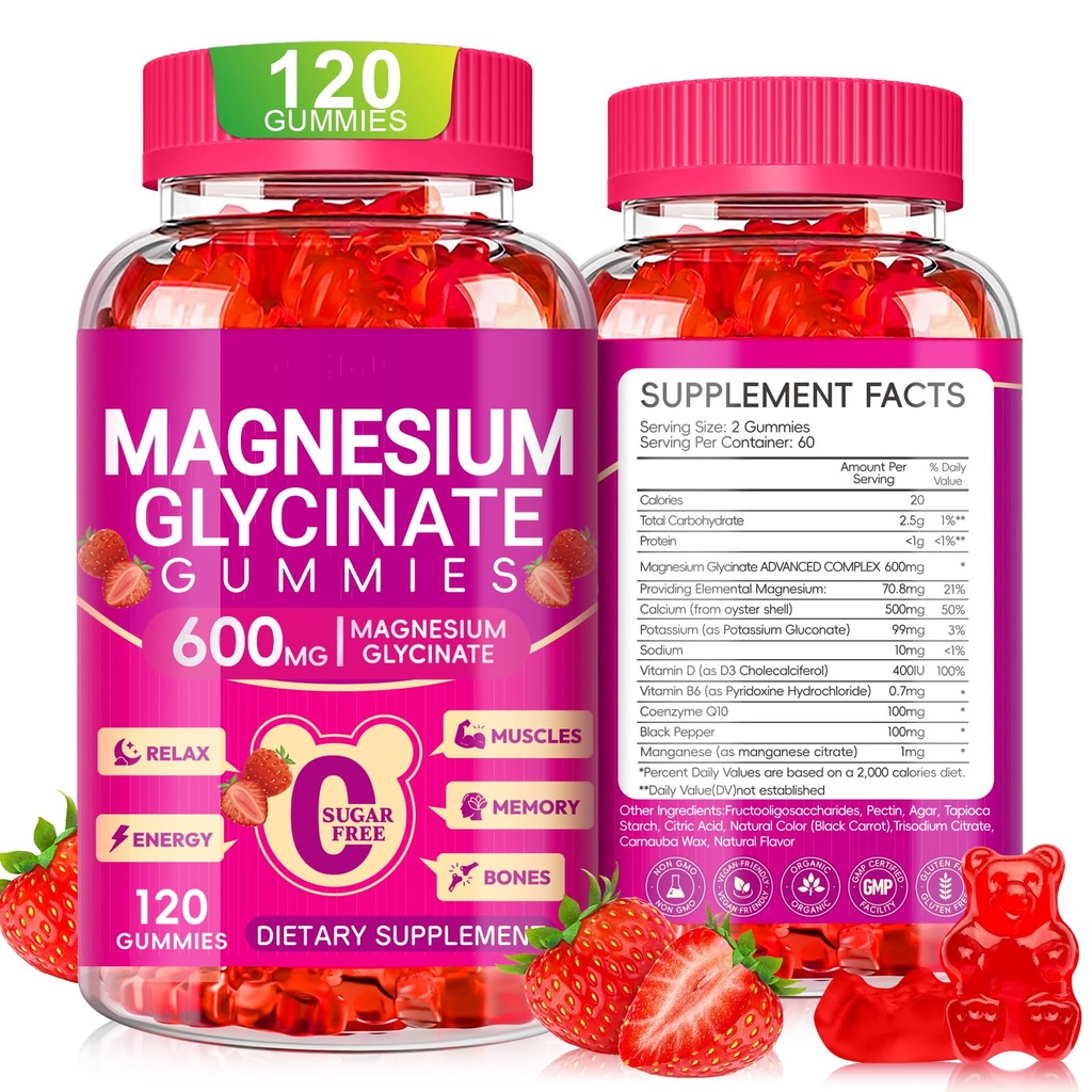 Magnesium Glycinate Gummies 600 mg, purusokeriton kalium Magnesium Gummies magnesium Glycinate, D-vitamiini, B6 ja CoQ10 uni, rentoutuminen, aivot ja lihakset, 60 päivän tarjonta