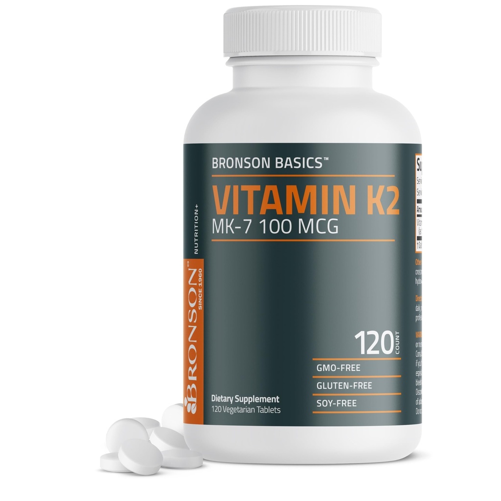 Bronson-vitamiini K2 MK-7 100 MCG, K2 MK7 Menakinonina, Bone Support non-GMO, 120 tablettia
