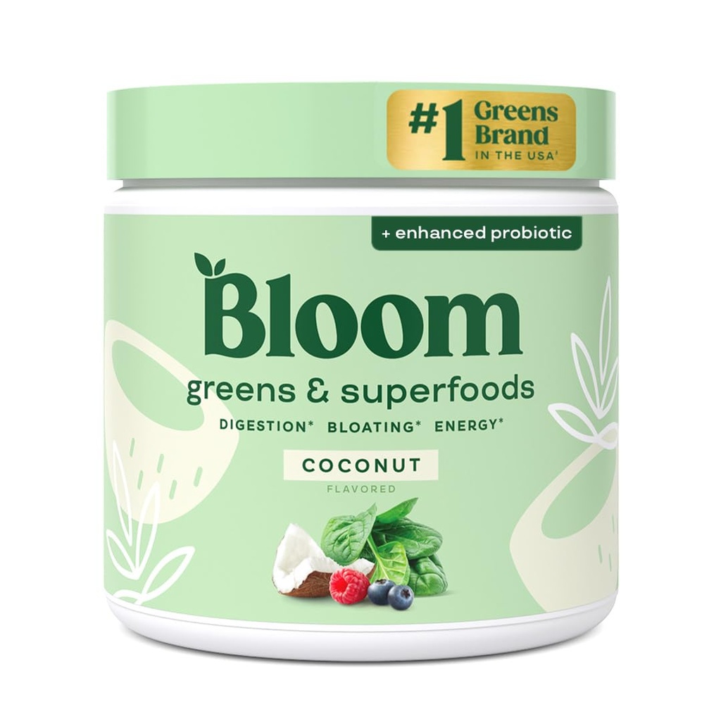 Bloom Nutrition Superfood Greens Powder, Divegestive Enzymes with Probiootit ja Prebiootit, Gut Health, Bloating Relief for Women, Klorella, Green Juice Mix ja Beet Root Powder, 30 SVG, Coconut