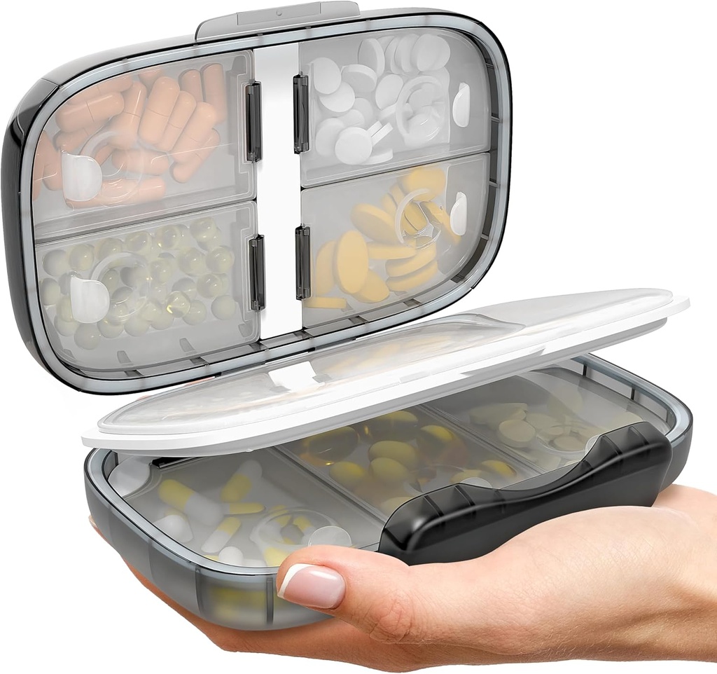 Travel Pill Organizer - Airtight Medicine Case for Traveling Portable Pharmacy Box med etiketter Vitamin Container 8 Compartment Supplement Medication Holder Large Capacity Daily (Black-2)