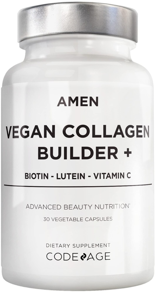 Amen Plant-Based Vegan Collagen Builder Supplement - Organic Whole Foods, Lutein, C-vitamiini, Biotiini, Lysiini, Proline Collagen Boosters - Organic Cranberry, sitruuna, mansikka - kerran päivässä - 30 kapselia