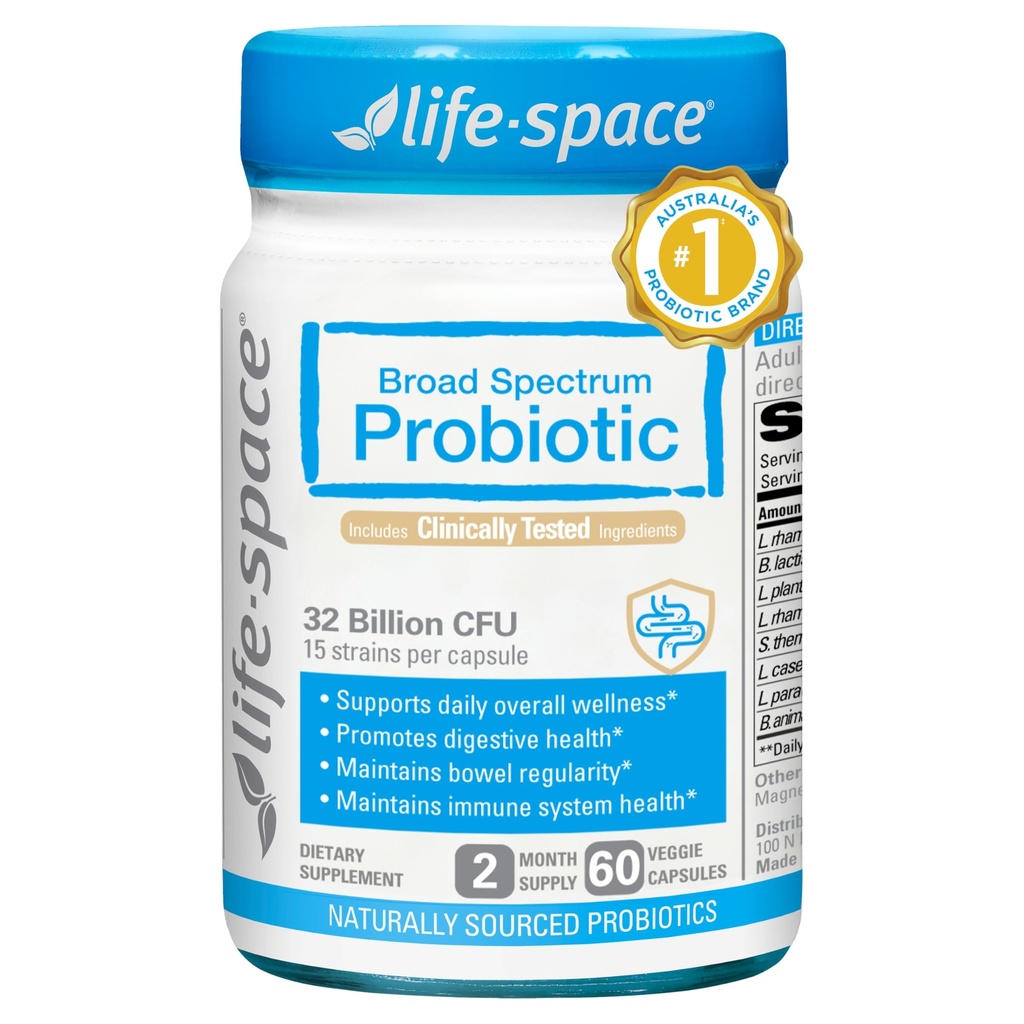Life-Space Premium Broad Spectrum Probiootit, 2 kuukauden Serving, 32 miljardia PMY & 15 Diverse kanta, Formuloitu päivittäin Ruoansulatus-ja immuuniterveyden, Probiootit naisille ja miehille, 60 Veg Kapselit