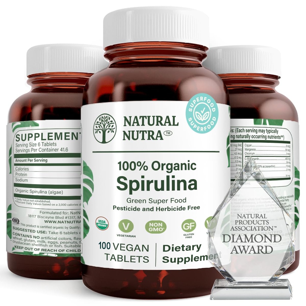 Natural Nutra 100% USDA Organic Spirulina tabletter, hjälper till att upprätthålla kroppsfetter, främjar leverhälsa, främjar immunsystem, hjälper till att förbättra metabolism, främjar immunitet, 300mg, 100 Vegan tabletter