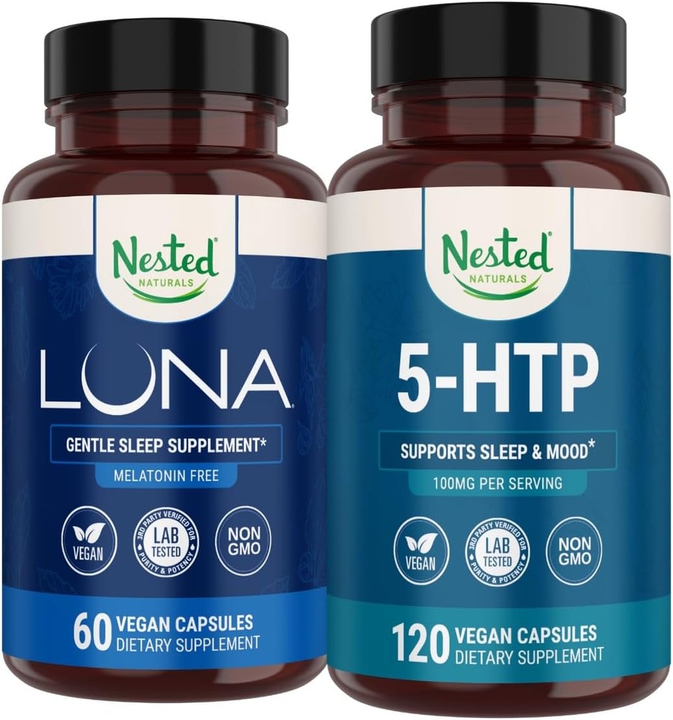 Nested Naturals Luna Melatoniinivapaa unilääke (60 vegaanista kapselia) & 5- HTP 100 mg (120 vegaanista kapselia) paremman unen, rentoutumisen ja mielialan parantamiseen