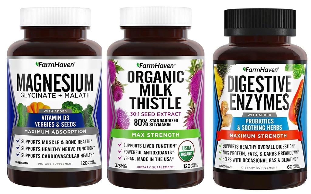 FarmHaven Magnesium Glycinate & Malate + Maito Thistle + Ruoansulatuskanavan entsyymit probiootit