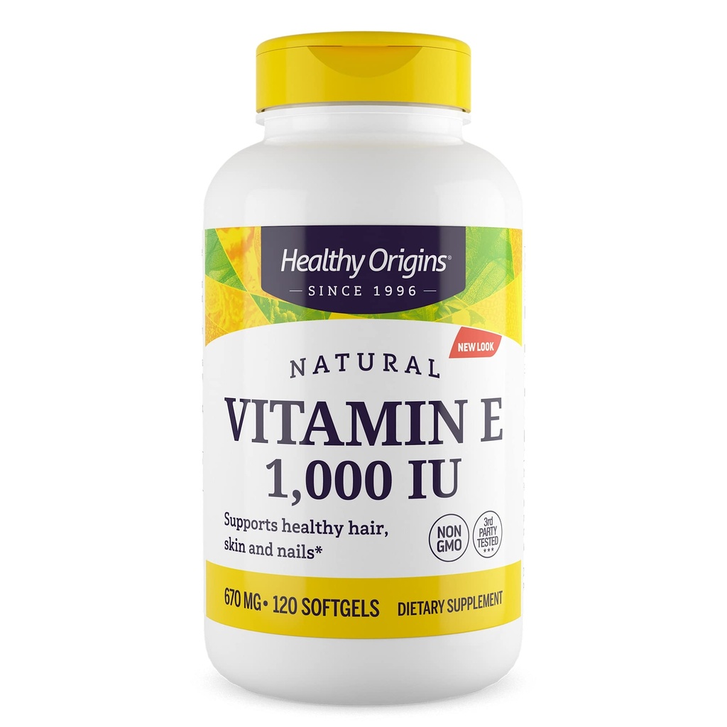 Hälsosamma ursprung Vitamin E, 1000 IE (naturliga) blandade tokoferoler - Vitamin E Supplement - Gluten-Free & Non-GMO Skin, Hair & Nails Vitamin - 120 Softgels