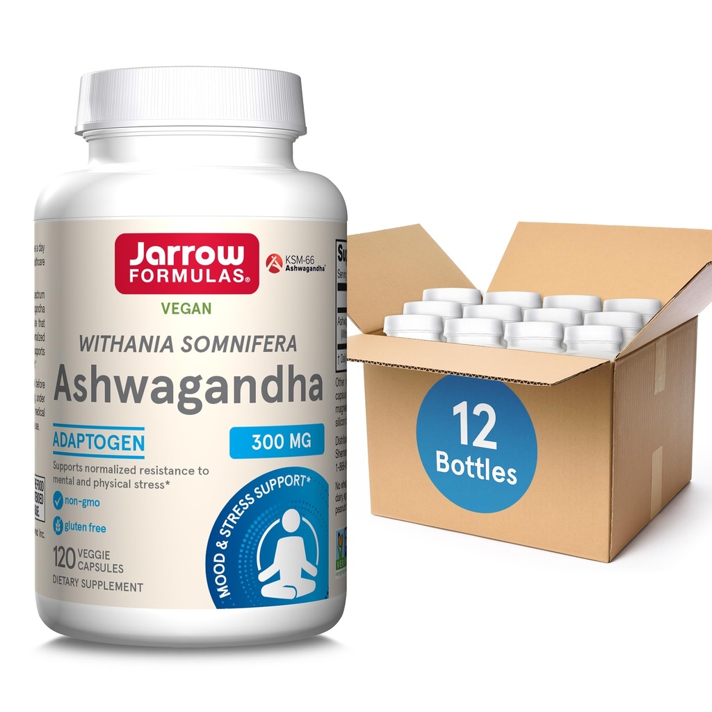 Jarrow Formulas Ashwagandha 300 mg - 120 Veggie kapslar - Total hälsa och motstånd mot trötthet - Tillägg stöder uthållighet, muskelåterhämtning och kognitiv hälsa - 60 portioner (12)