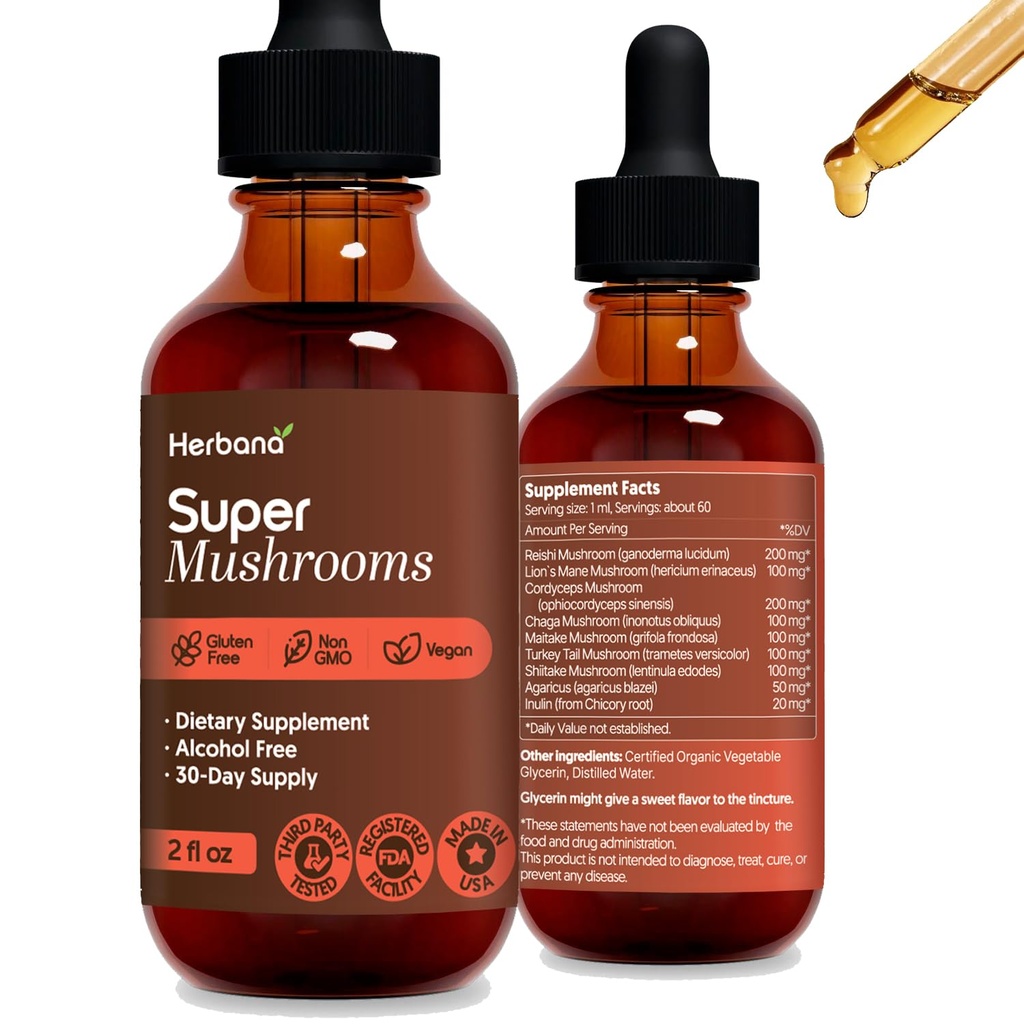 Super Sienet 8-in1 - 2 fl oz Liquid Extract - Brain Booster & Immuuni tuki Drops - Reishi, Lion...