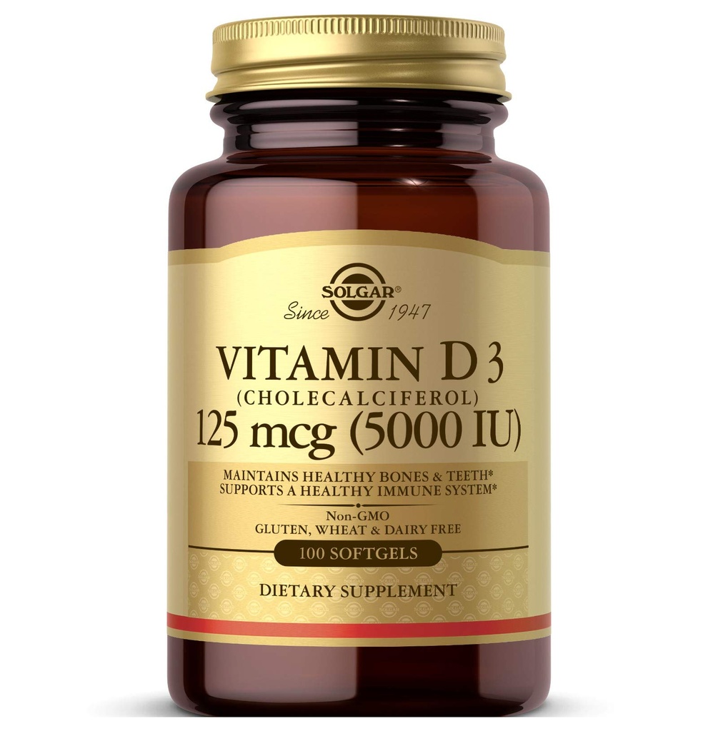 Solgar D3-vitamiini (kolekalsiferoli) 125 MCG (5000 IU), 100 Softgels - auttaa säilyttämään terveet luut ja hampaat - immuunijärjestelmän tuki - ei GMO, gluteeniton, maitotuotteeton - 100 tarjoilua