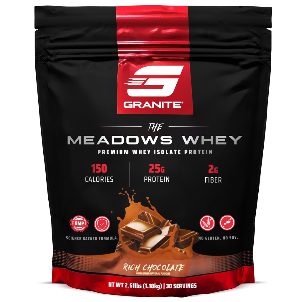Granittillskott Meadows Whey Protein Isolate Proteinpulver för Lean Muscle med 150 kalorier, 2g Fiber, 1g Sugar (30 portioner), Rich Chocolate smak