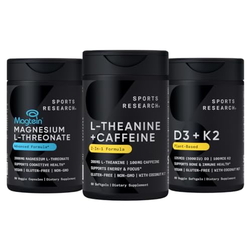 Sports Research Magtein Magnesium L-treonaattikapselit (2000 mg, 90 kapselia), Vegan D3-vitamiini + K2 w/Organic Coconut Oil (5000iu VIT. D 100mcg Mk7 VIT. K, 60 Softgels) ja L-Theanine (200 mg, 60 ct)