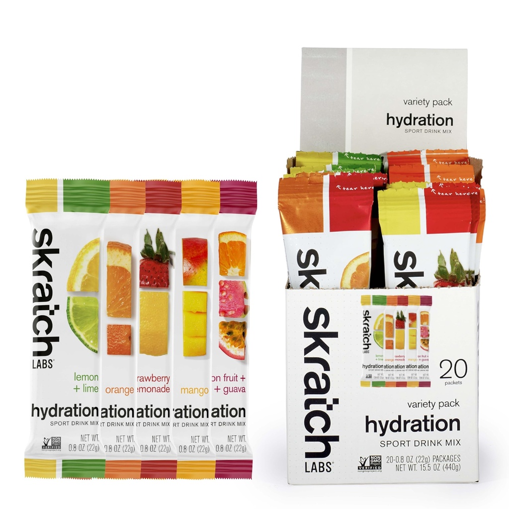 Skratch Labs Hydration Packets - Hydration Drink Mix, Variety Pack (20 Single Serving Packets) - Elektrolyttijauhe kehitetty urheilijoille ja urheilu suorituskykyä, Gluteeniton, Vegan, Kosher