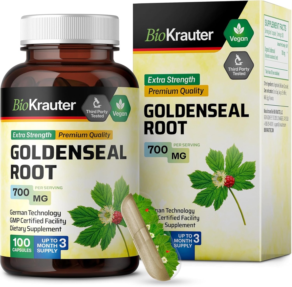 BIO KRAUTER Goldenseal juurikapseli 700 mg - 100 Golden Seal Powder Caps - Hengitysteiden ja ruoansulatuskanavan tuki - Vegaani, Ei täyteaineita