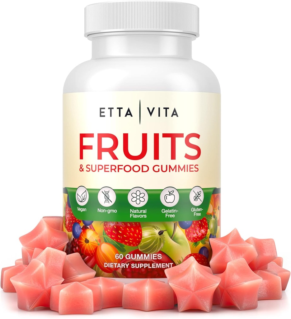 Superhedelmät Gummies Supplement for Bloating & Gut Health, 9 Superhedelmät täydennysosa aikuisille & Kids, Kollageeni Booster - Immuniteetti & antioksidantti tuki, ei-muuntogeenisiä organismeja, Pektiinipohjainen, Gluteeniton, Ei kapseleita