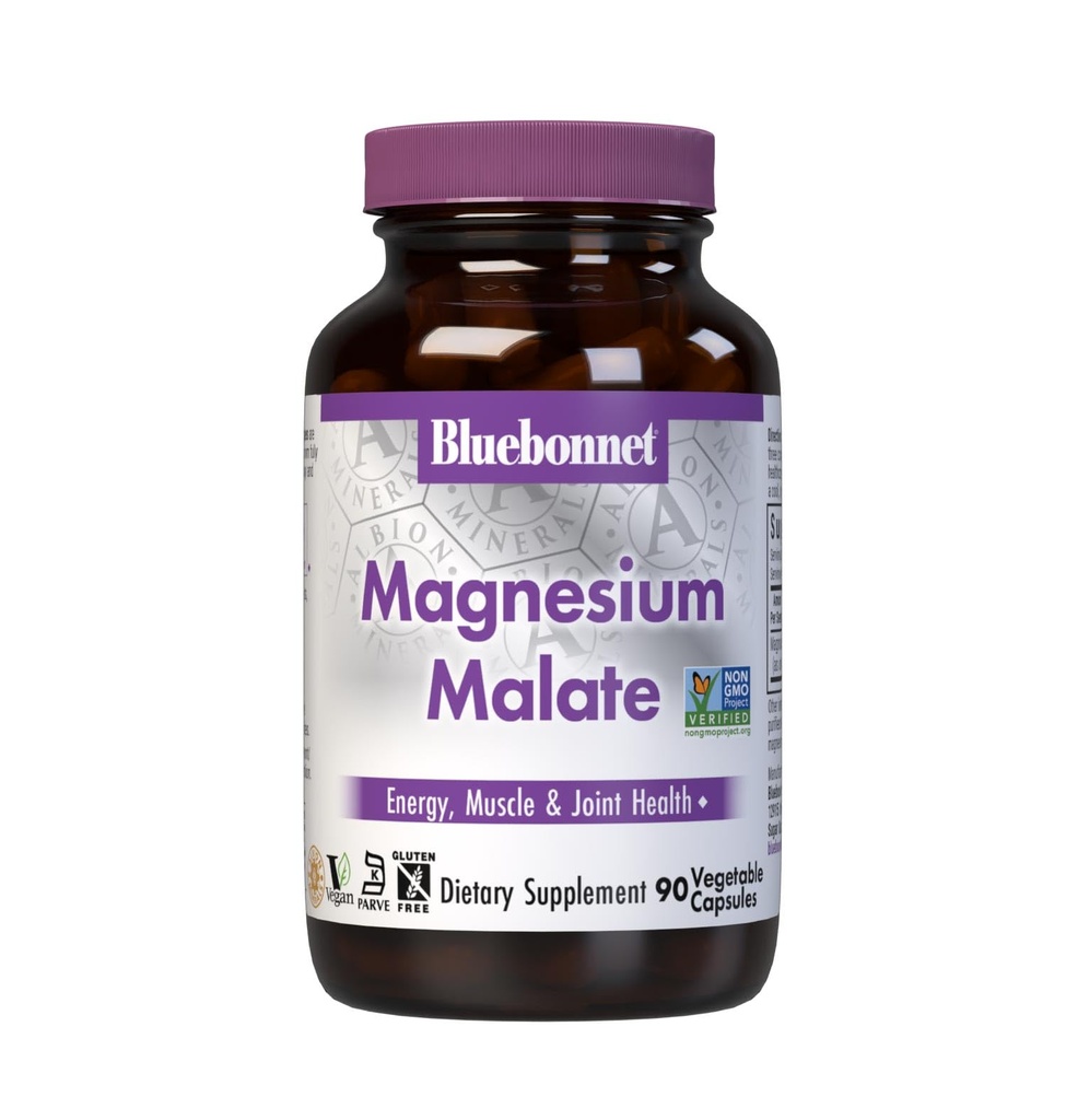 Bluebonnet Nutrition Magnesiummalate Vihanneskapselit - Tukee energiaa, lihasten ja nivelten terveyttä - ei-GMO, Vegan, Kosher Certified, Gluteeniton, 90