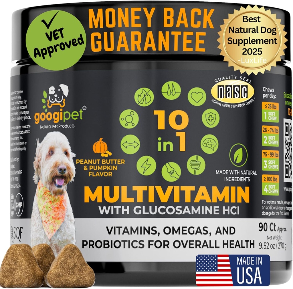 Googipet Premium 10 i 1 Dog Vitamins Multivitamin Chewable med Probiotics for Gut Health, Dog Vitaminer och Supplements w/Vitamin C & Glukosamin för gemensamt stöd (Peanut Butter & Pumpkin Flavor)