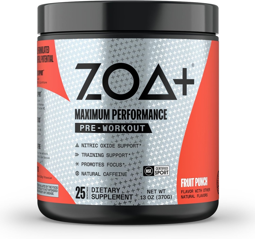 ZOA+ Zero Sugar Pre Treenout Powder, Fruit Punch - NSF Certified for Sport Electrolytes, Creatiini, Beta Alanine, Ginkgo Biloba, 200mg kofeiini - 25 tarjoilua